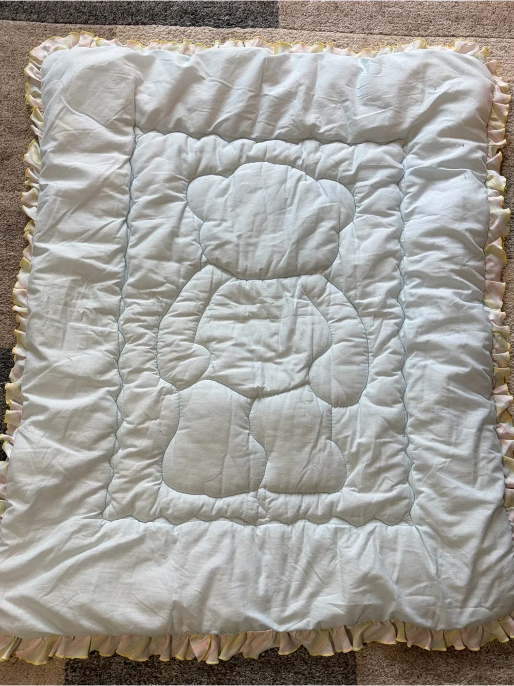 Vtg 80s 90s Baby Blanket Quilt Teddy Bear Bunny Slippers Pastel Ruffle 32x40